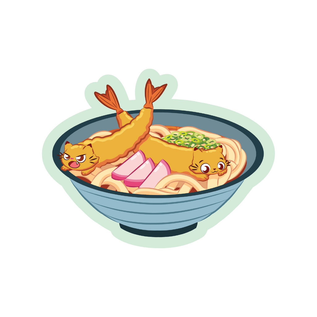 A bowl of udon with tempura cats as its topping cartoon sticker