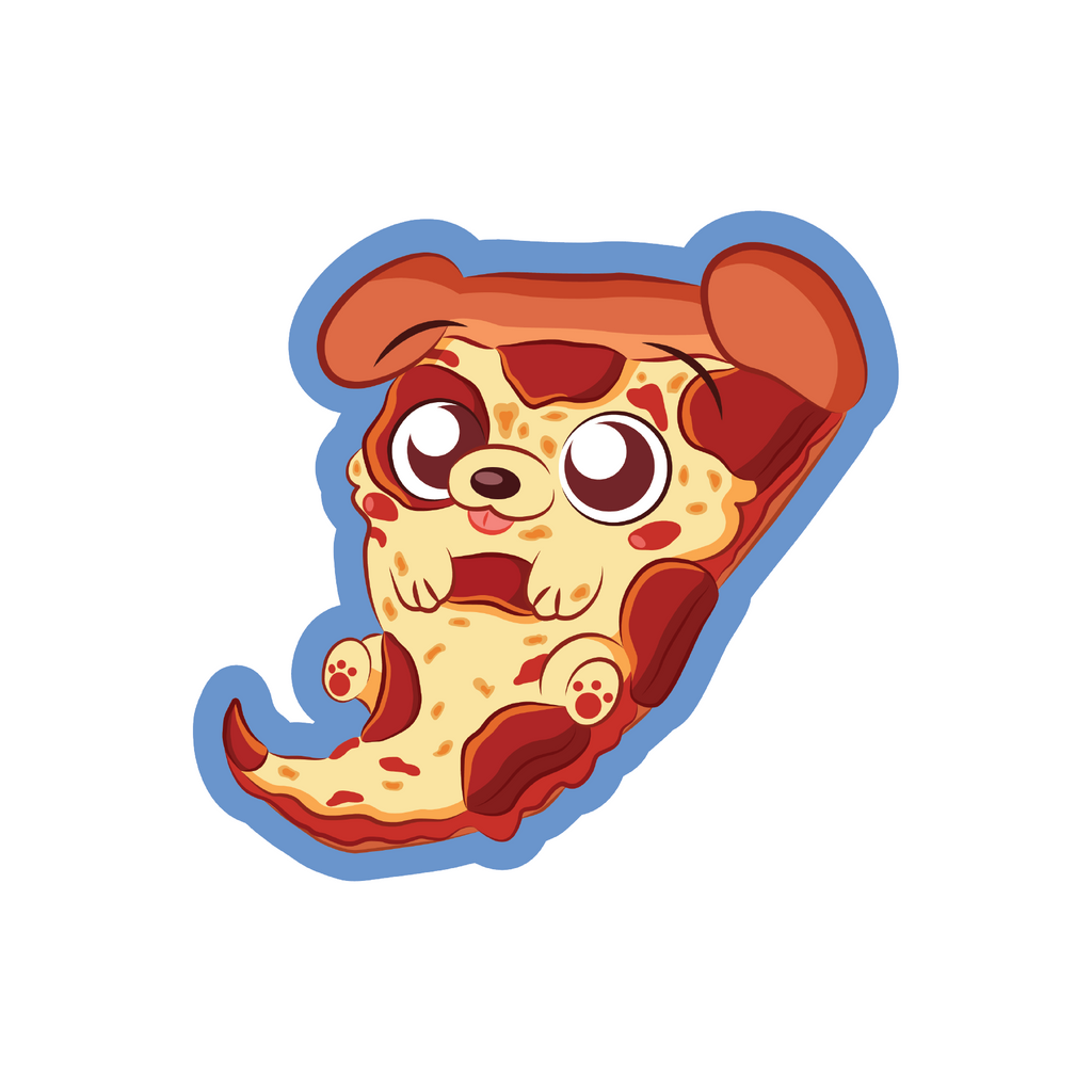 A slice of pepperoni pizza that looks like a puppy cartoon sticker