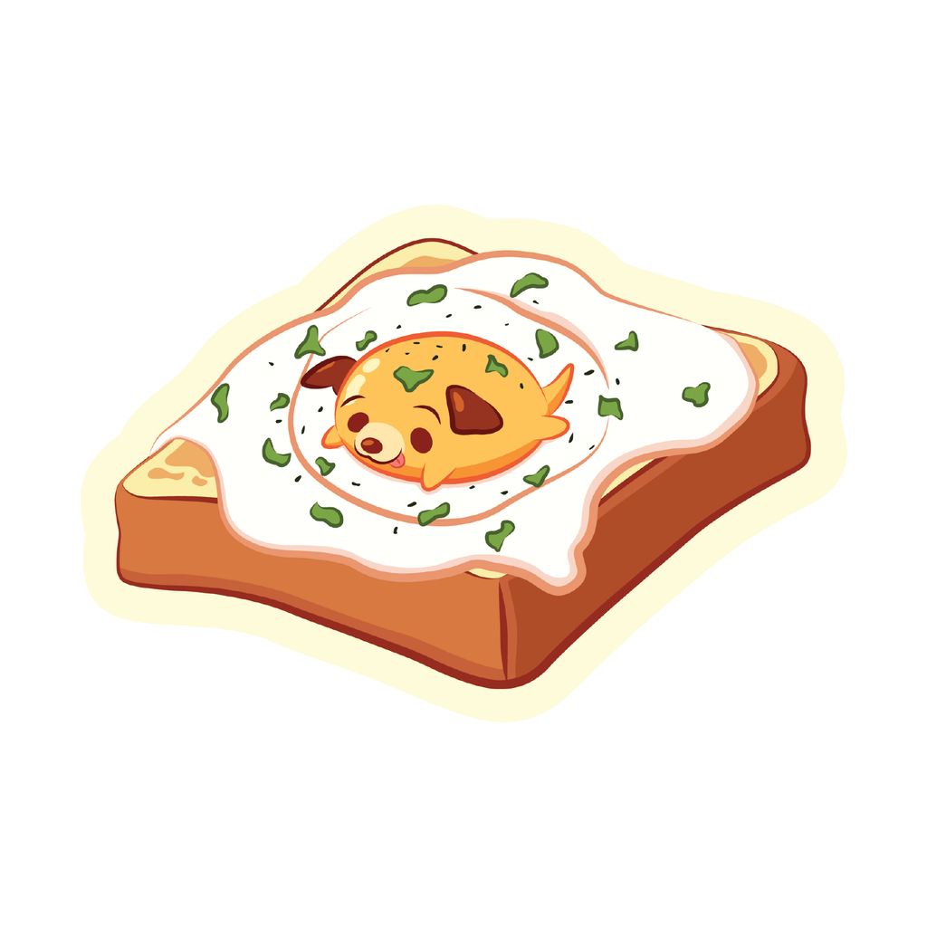 A piece of toast with a sunny side up egg puppy on top cartoon sticker