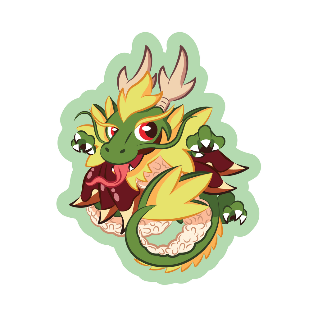 A majestic dragon with a sushi roll aesthetic cartoon sticker