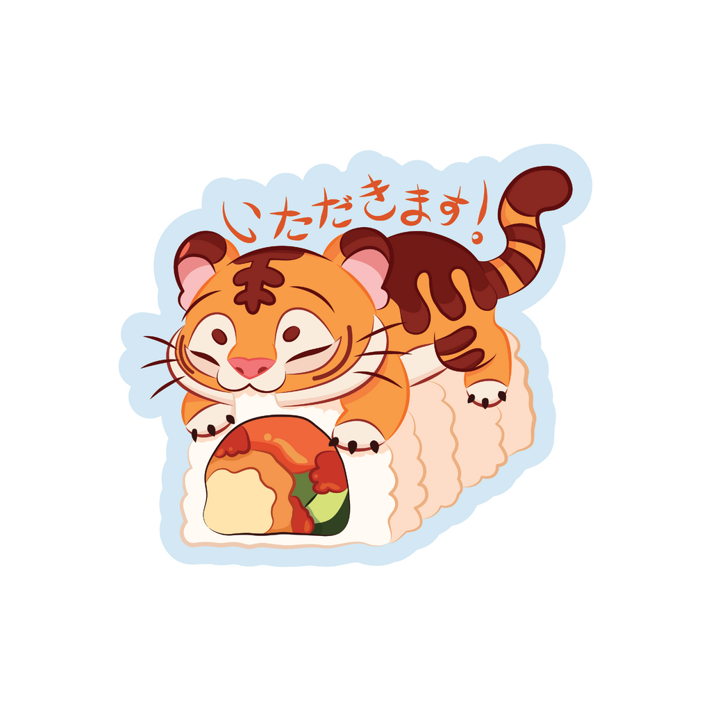 A tiger eating a roll of sushi cartoon sticker