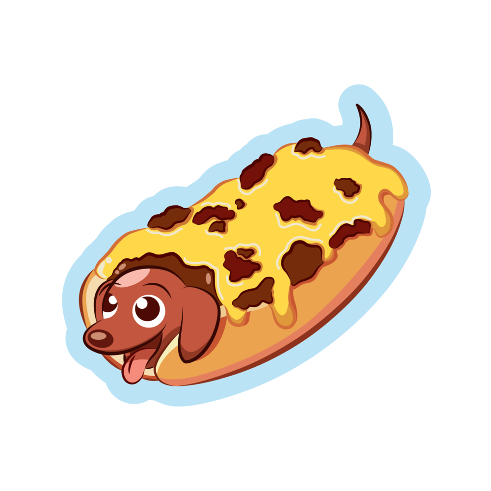 A chili cheese dog with a happy wiener dog cartoon sticker
