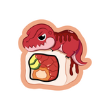 A angry T-rex on a sushi roll cartoon sticker
