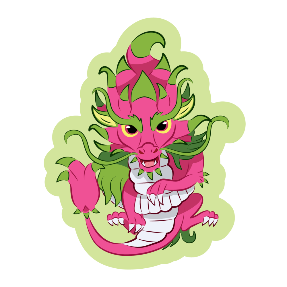 A majestic dragon with the aesthetic of a dragon fruit cartoon sticker