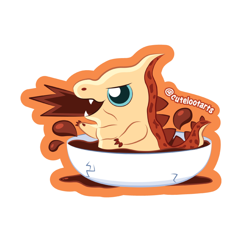 An angry gyoza wrecking havoc in a bowl of shoyu cartoon sticker.
