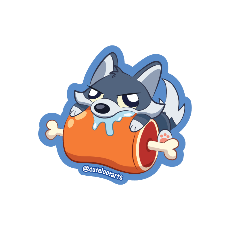 A gray angry wolf puppy eating a piece of meat cartoon sticker.