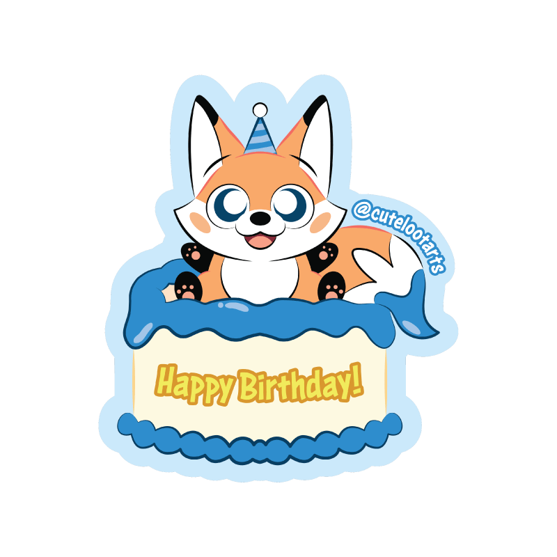A baby Loot the Fox sitting on a birthday cake cartoon sticker.