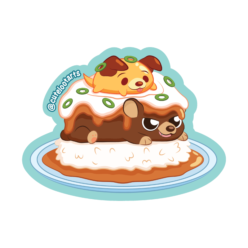 A hamburger bear and egg puppy on a bed of rice topped with gravy cartoon sticker.