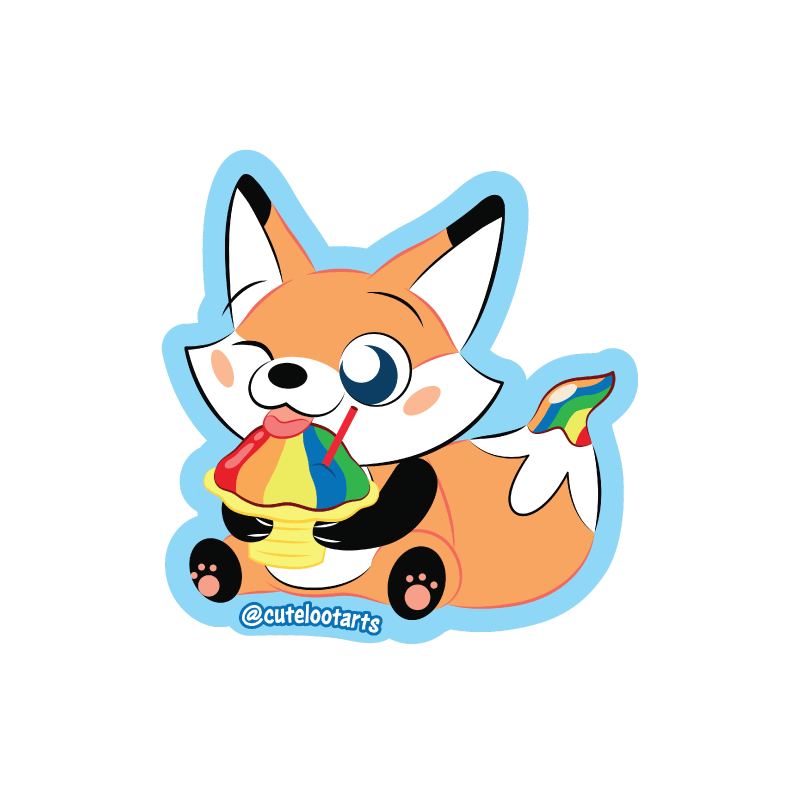 A fox eating rainbow Hawaiian shave ice cartoon sticker.