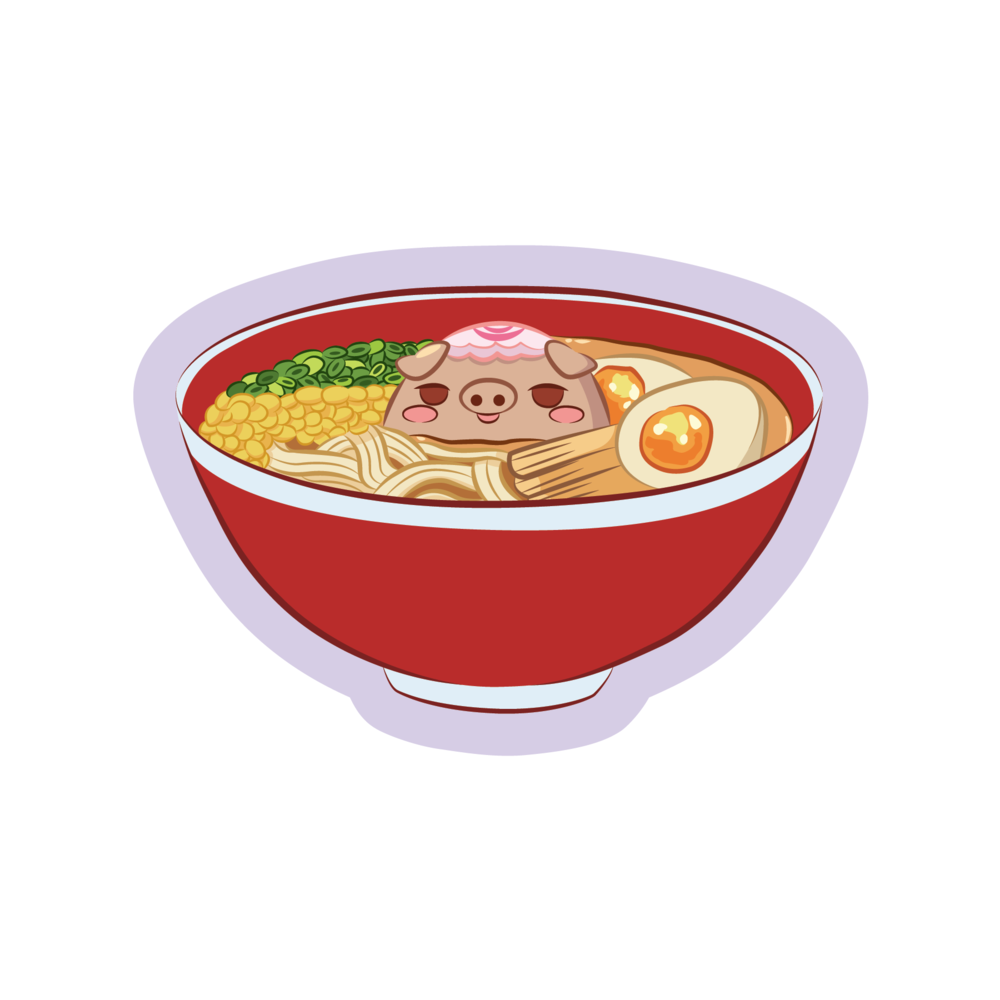 A bowl of ramen with a pig relaxing in it cartoon sticker