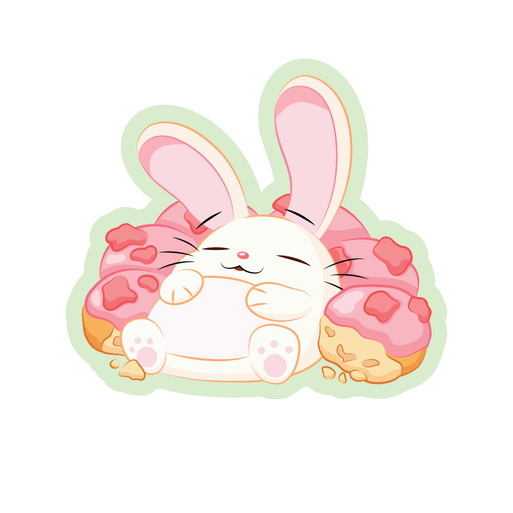 Sleepy bunny with half eaten pink donut cartoon sticker