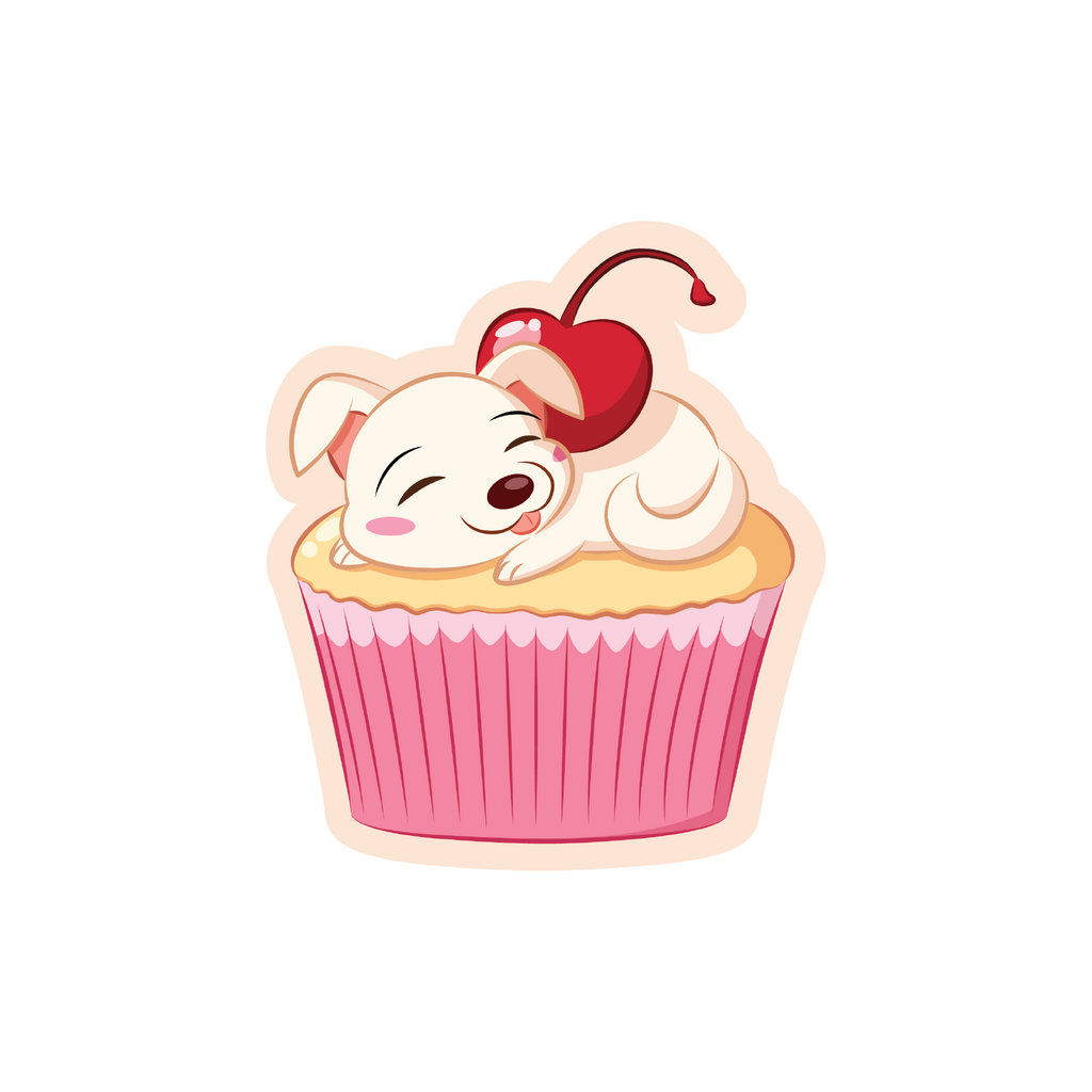 A puppy on top of a cupcake with a cherry on top cartoon sticker