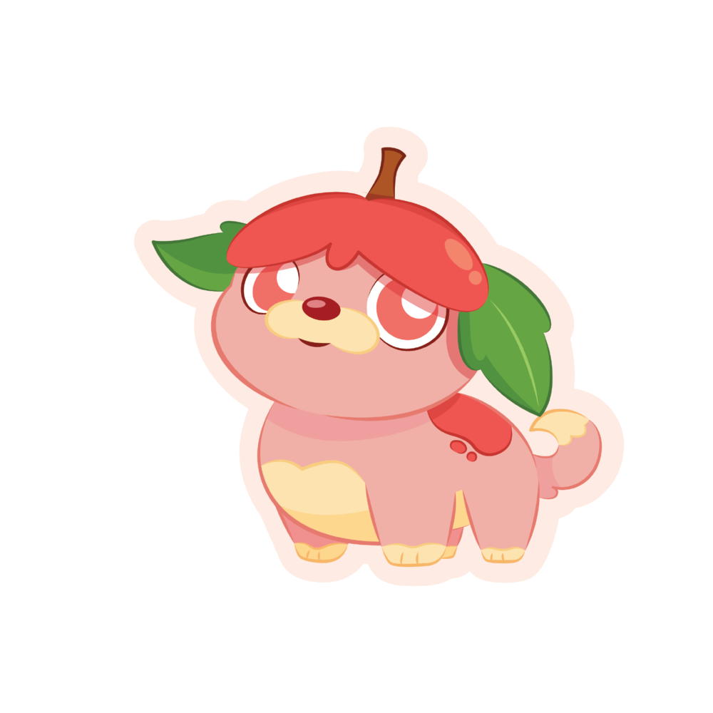 A puppy with the aesthetic of a peach fruit cartoon sticker