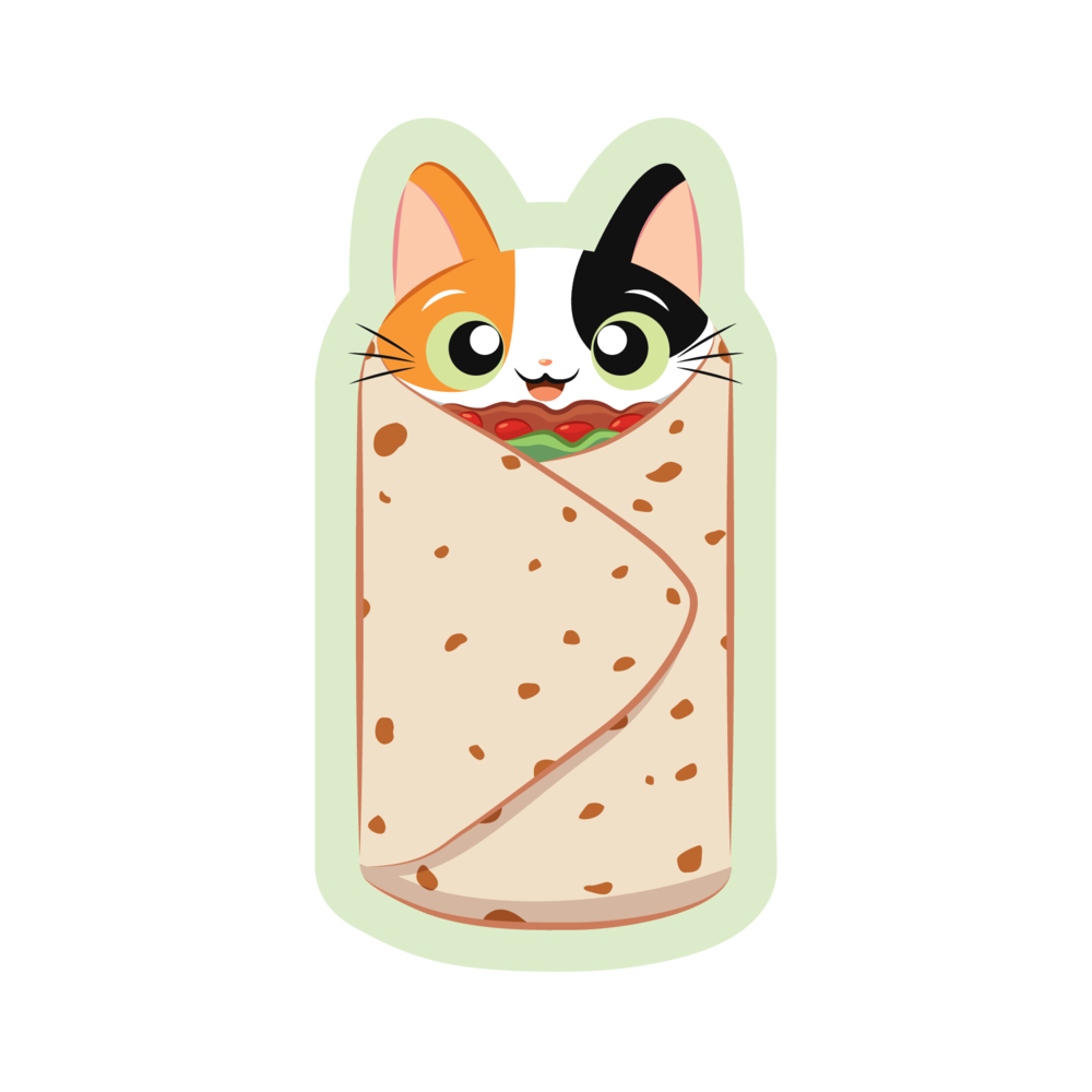 A burrito with a cat wrapped inside it cartoon sticker