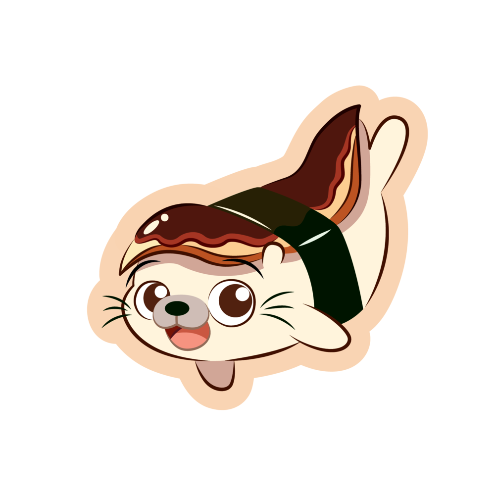 A seal sushi nigirl with a piece of eel on top cartoon sticker