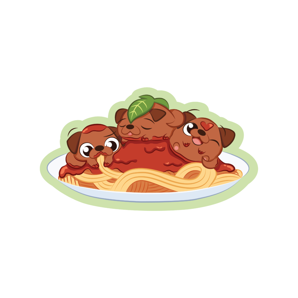 Spaghetti and pug meatballs cartoon drawing