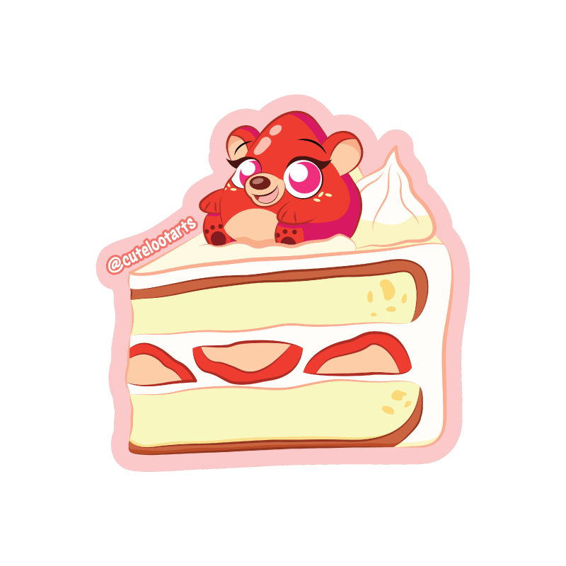 A slice of strawberry shortcake with a strawberry bear on top cartoon sticker.